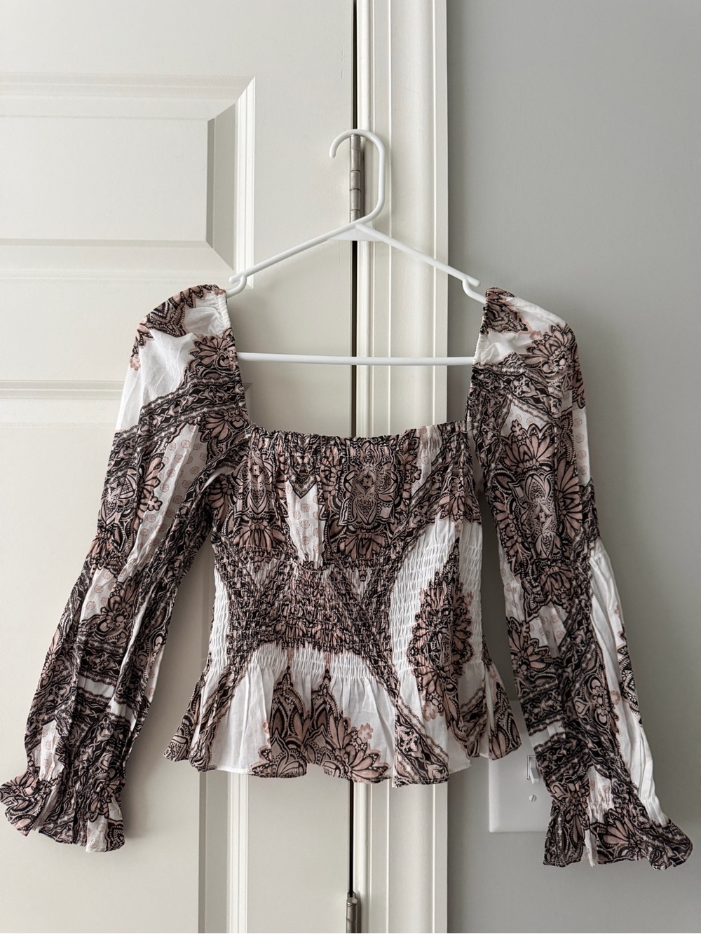 Smocked Floral Peasant Top in White and Brown